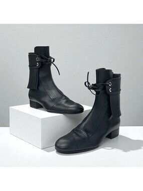 Chanel Boots Short Shoes Leather Black Coco Mark Fringe